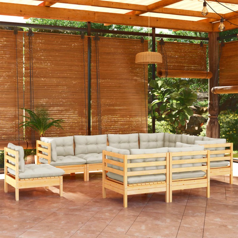 vidaXL Muebles de jardín 9 pzas y cojines madera maciza de pino crema vidaXL Muebles de jardín 9 pzas y cojines madera maciza de pino crema