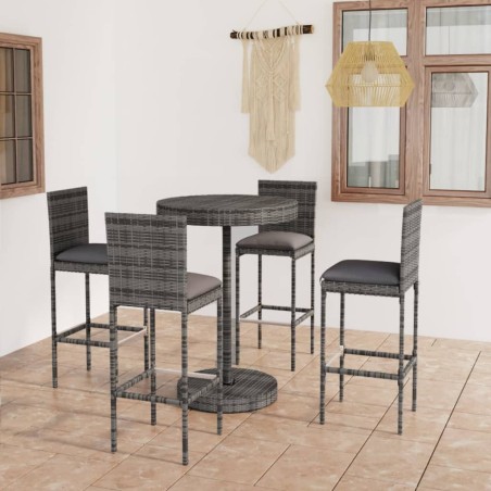 vidaXL Conjunto de bar para jardín 5 pzas ratán sintético gris cojines