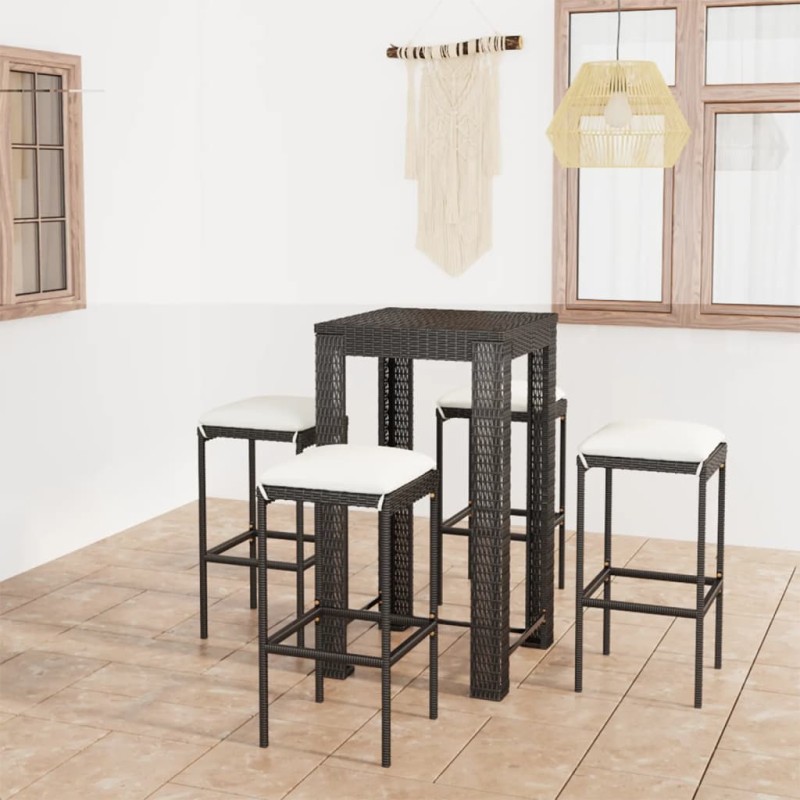 vidaXL Set muebles bar jardín 5 piezas y cojines ratán sintético negro