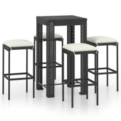 vidaXL Set muebles bar jardín 5 piezas y cojines ratán sintético negro