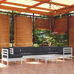 vidaXL Muebles de jardín 9 pzas y cojines blanco madera maciza de pino