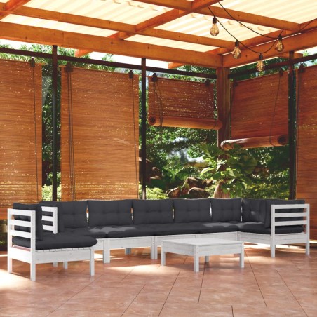 vidaXL Muebles de jardín 9 pzas y cojines blanco madera maciza de pino