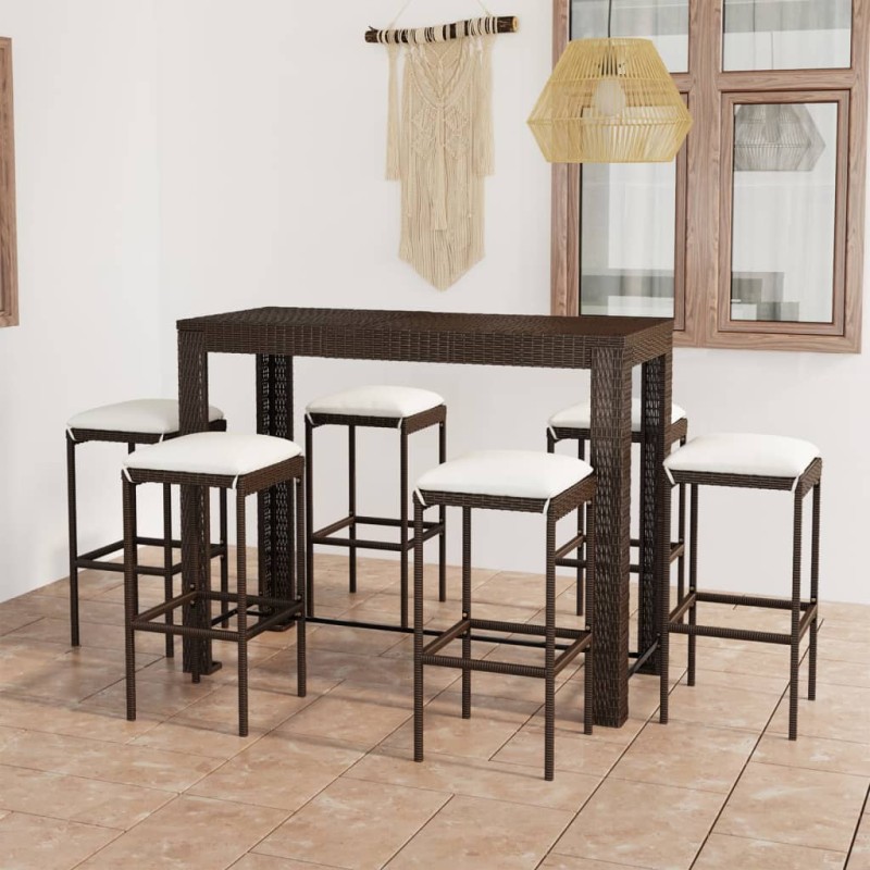 vidaXL Set de bar para jardín 7 pzas y cojines ratán sintético marrón vidaXL Set de bar para jardín 7 pzas y cojines ratán sintético marrón
