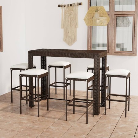 vidaXL Set de bar para jardín 7 pzas y cojines ratán sintético marrón