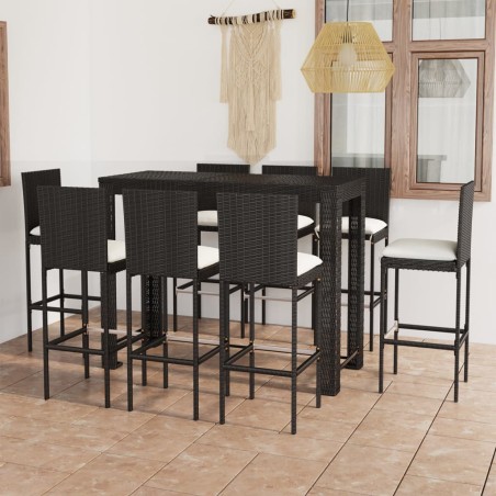 vidaXL Set muebles bar jardín 9 piezas ratán sintético y cojines crema