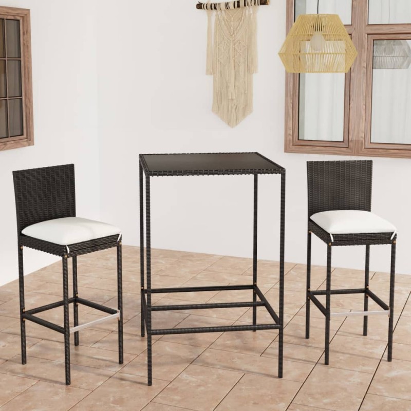 vidaXL Mesa y taburetes altos jardín y cojines 3 pzas ratán PE negro vidaXL Mesa y taburetes altos jardín y cojines 3 pzas ratán PE negro