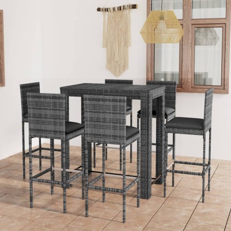 vidaXL Conjunto de bar para jardín 7 pzas ratán sintético gris cojines