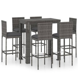 vidaXL Conjunto de bar para jardín 7 pzas ratán sintético gris cojines