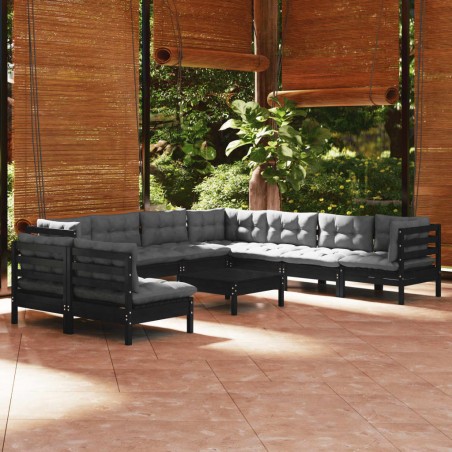 vidaXL Muebles de jardín 10 pzas con cojines negro madera maciza pino