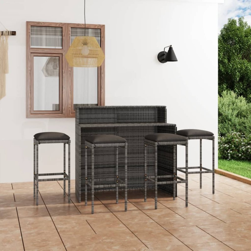 vidaXL Juego de muebles de bar de jardín de 5 piezas y cojines gris 
