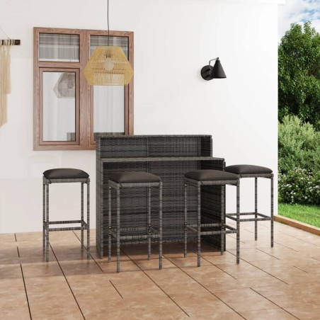 vidaXL Juego de muebles de bar de jardín de 5 piezas y cojines gris 