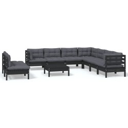 vidaXL Muebles de jardín 10 pzas con cojines negro madera maciza pino
