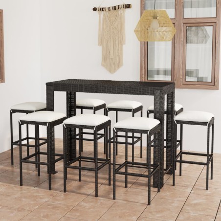 vidaXL Conjunto de bar para jardín 9 piezas con cojines ratán PE negro