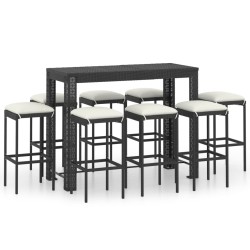 vidaXL Conjunto de bar para jardín 9 piezas con cojines ratán PE negro