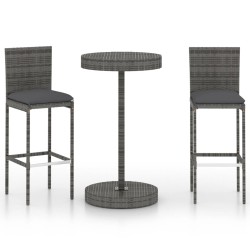 vidaXL Set muebles bar jardín 3 piezas y cojines ratán sintético gris