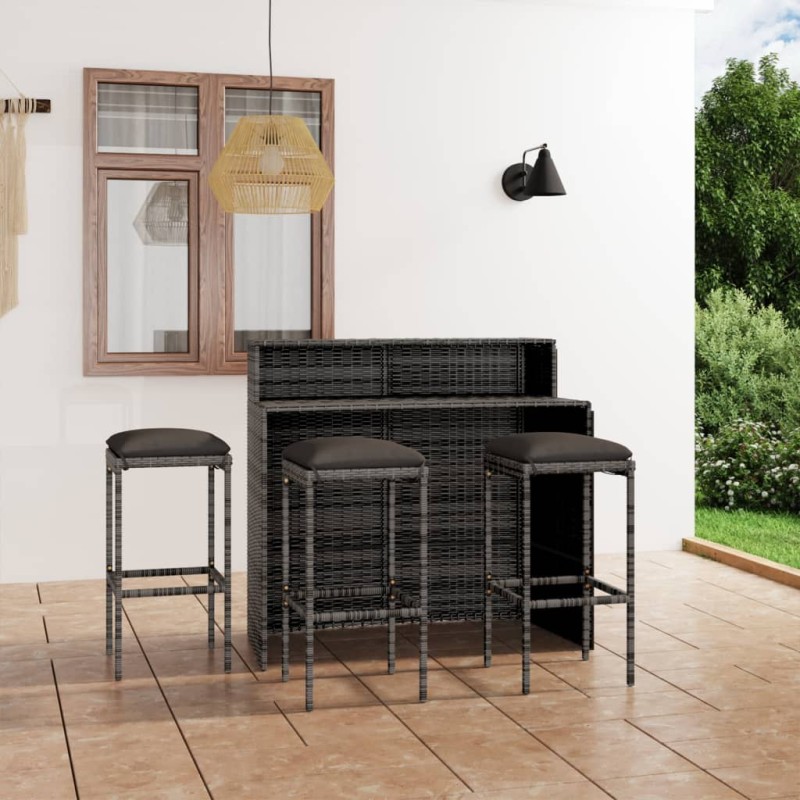 vidaXL Juego muebles de bar para jardín 4 piezas y cojines gris vidaXL Juego muebles de bar para jardín 4 piezas y cojines gris