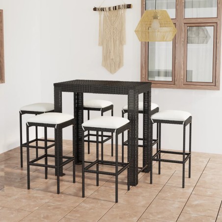vidaXL Set muebles bar jardín 7 piezas y cojines ratán sintético negro