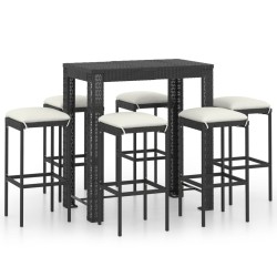 vidaXL Set muebles bar jardín 7 piezas y cojines ratán sintético negro