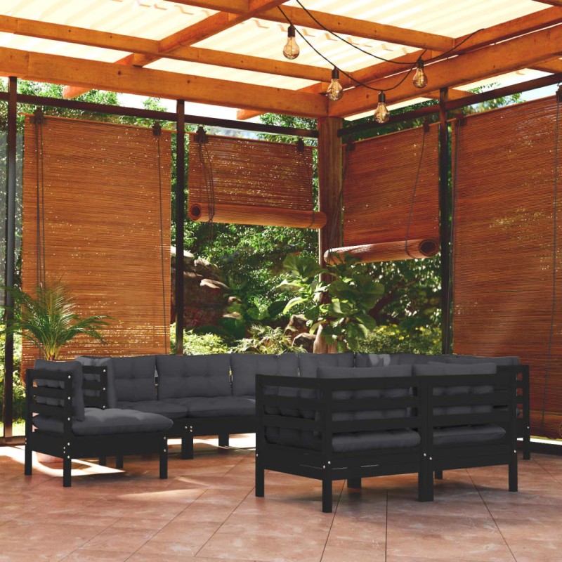 vidaXL Muebles de jardín 9 pzas y cojines negro madera maciza de pino vidaXL Muebles de jardín 9 pzas y cojines negro madera maciza de pino