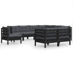 vidaXL Muebles de jardín 9 pzas y cojines negro madera maciza de pino
