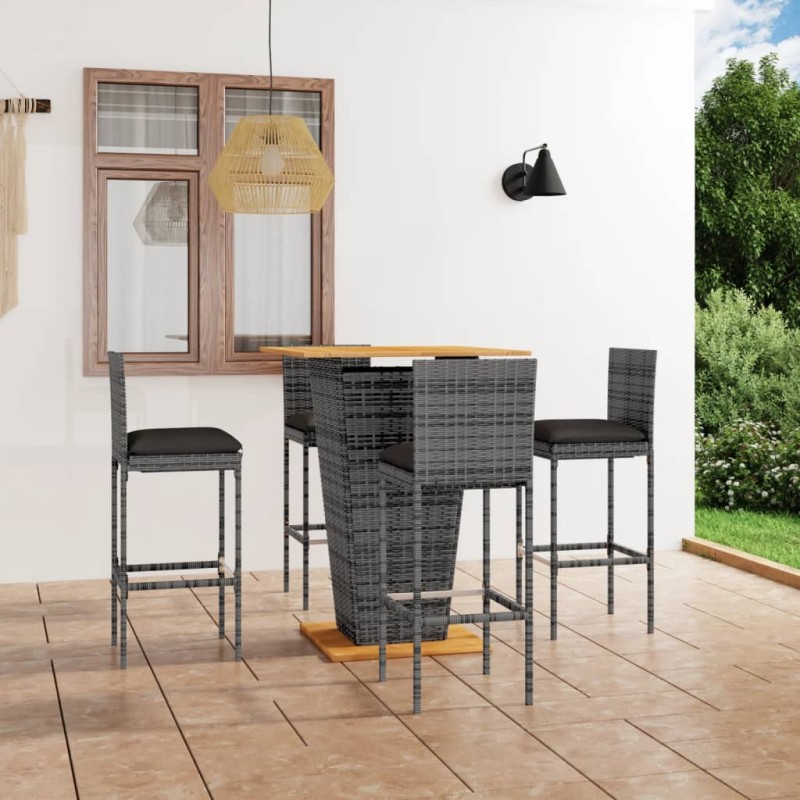 vidaXL Set de muebles de bar de jardín 5 pzas y cojines ratán PE gris vidaXL Set de muebles de bar de jardín 5 pzas y cojines ratán PE gris