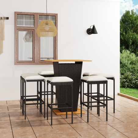 vidaXL Set de muebles de bar de jardín 9 pzas y cojines ratán PE negro