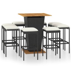 vidaXL Set de muebles de bar de jardín 9 pzas y cojines ratán PE negro