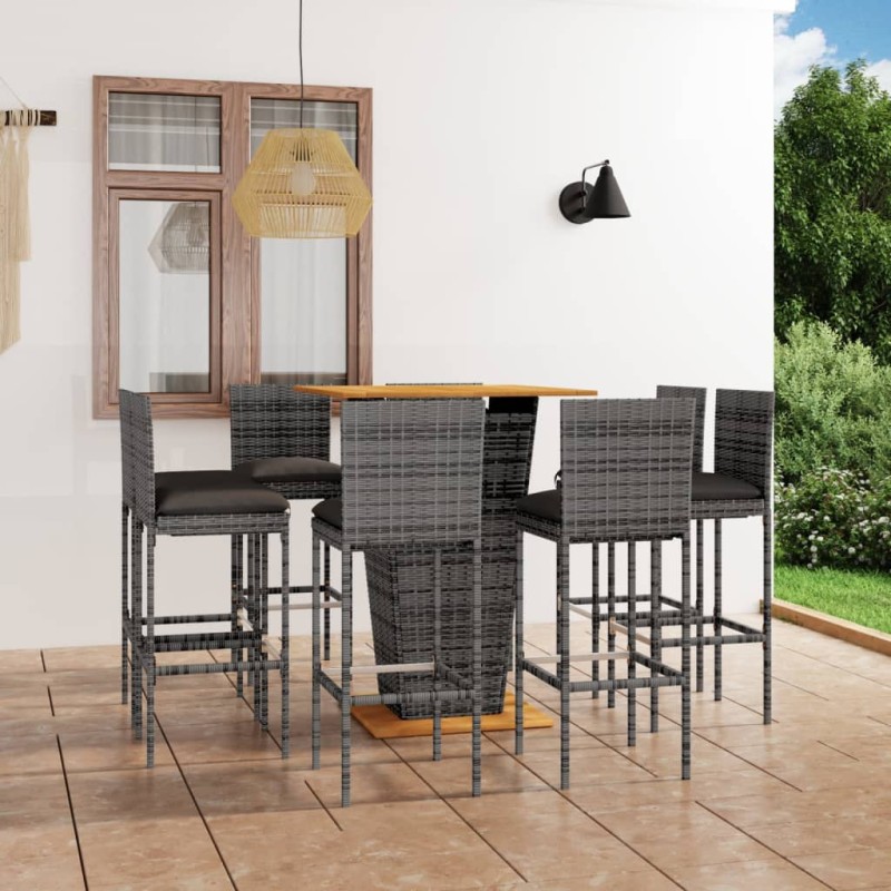 vidaXL Set de muebles de bar de jardín 9 pzas y cojines ratán PE gris vidaXL Set de muebles de bar de jardín 9 pzas y cojines ratán PE gris
