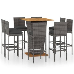vidaXL Set de muebles de bar de jardín 9 pzas y cojines ratán PE gris