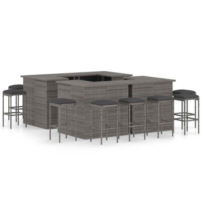vidaXL Set de bar para jardín 16 piezas y cojines ratán sintético gris vidaXL Set de bar para jardín 16 piezas y cojines ratán sintético gris