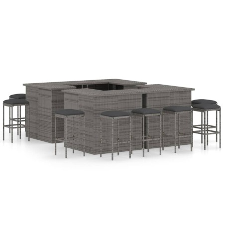 vidaXL Set de bar para jardín 16 piezas y cojines ratán sintético gris