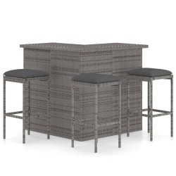 vidaXL Set de bar para jardín 4 piezas y cojines ratán sintético gris