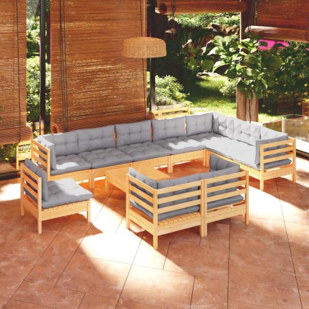 vidaXL Juego de muebles de jardín 11 pzas y cojines madera maciza pino