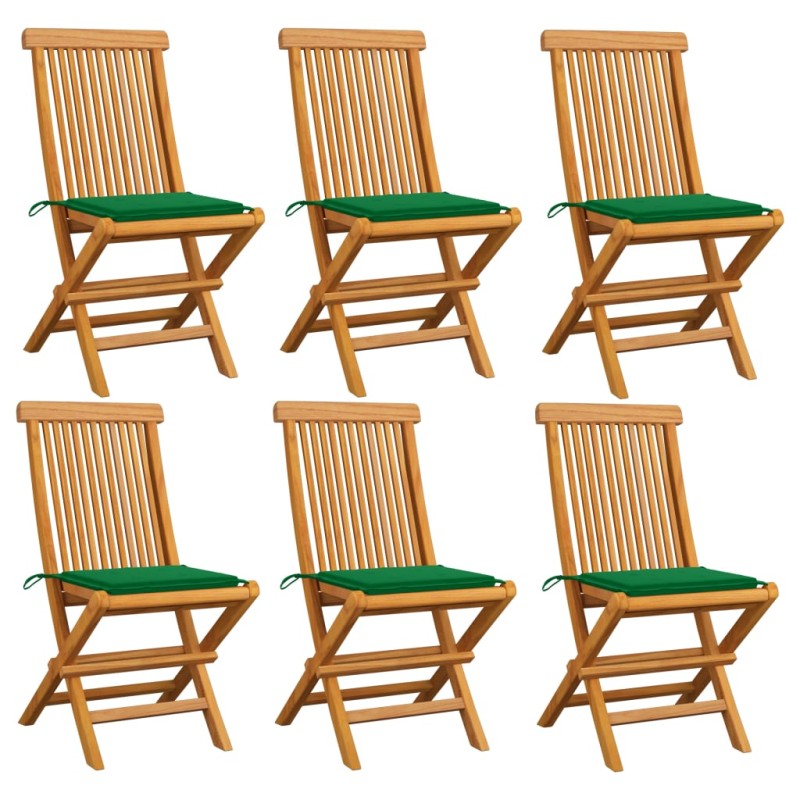 vidaXL Sillas de jardín 6 uds con cojines verdes madera de teca vidaXL Sillas de jardín 6 uds con cojines verdes madera de teca