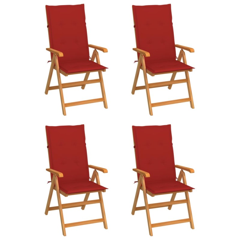 vidaXL Sillas de jardín 4 unidades madera maciza de teca cojines rojo