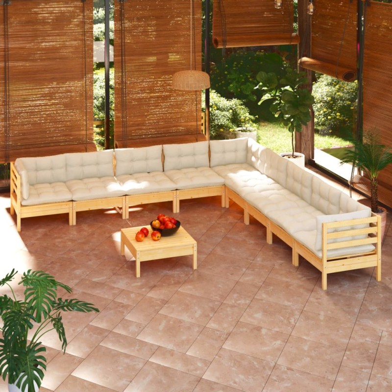 vidaXL Muebles de jardín 10 pzas y cojines madera maciza de pino crema vidaXL Muebles de jardín 10 pzas y cojines madera maciza de pino crema