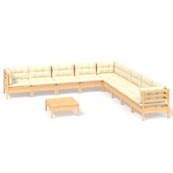 vidaXL Muebles de jardín 10 pzas y cojines madera maciza de pino crema