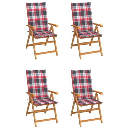 vidaXL Sillas de jardín 4 uds madera maciza teca cojines cuadros rojos