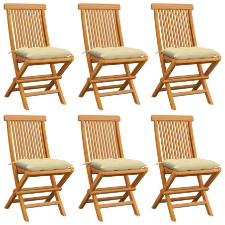 vidaXL Sillas de jardín 6 uds madera de teca con cojines blanco crema