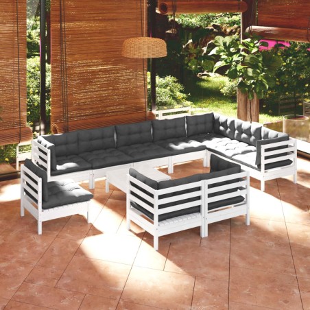 vidaXL Muebles de jardín 11 pzas y cojines blanco madera maciza pino