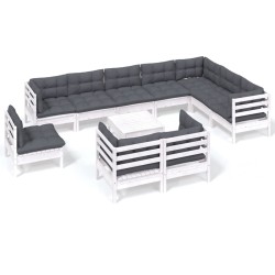 vidaXL Muebles de jardín 11 pzas y cojines blanco madera maciza pino