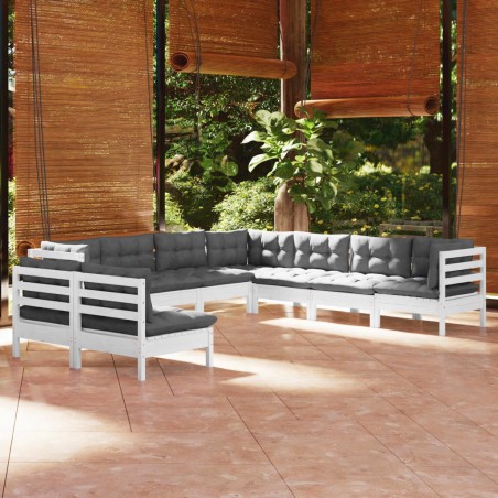 vidaXL Muebles de jardín 9 pzas y cojines blanco madera maciza de pino