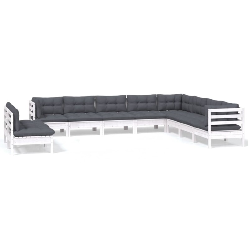vidaXL Muebles de jardín 10 pzas y cojines blanco madera maciza de pino