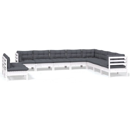 vidaXL Muebles de jardín 10 pzas y cojines blanco madera maciza de pino