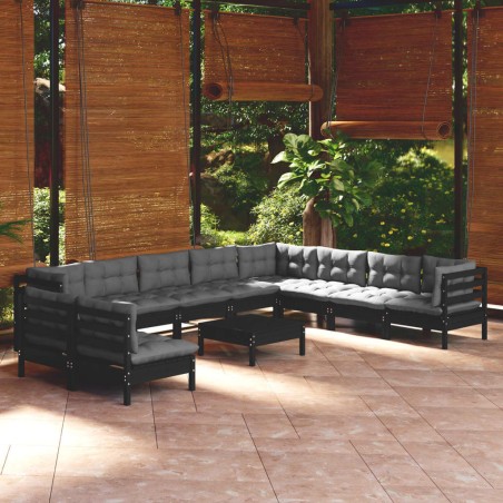 vidaXL Muebles de jardín 11 pzas con cojines negro madera maciza pino