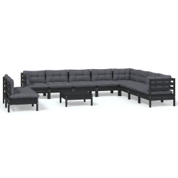 vidaXL Muebles de jardín 11 pzas con cojines negro madera maciza pino