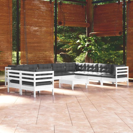 vidaXL Muebles de jardín 11 pzas y cojines blanco madera maciza pino