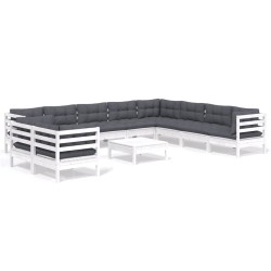 vidaXL Muebles de jardín 11 pzas y cojines blanco madera maciza pino