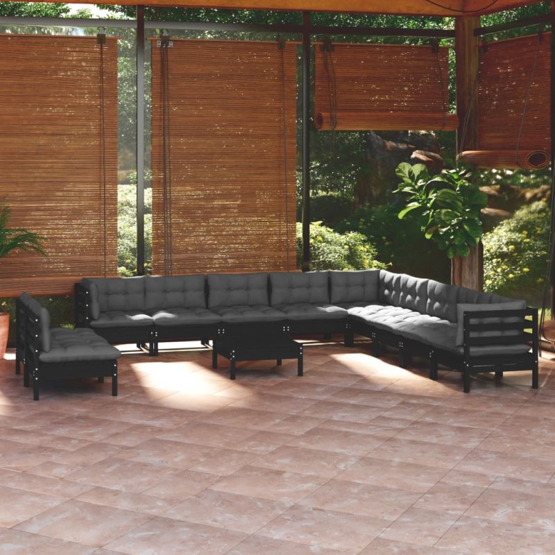 vidaXL Muebles de jardín 12 pzas con cojines negro madera maciza pino vidaXL Muebles de jardín 12 pzas con cojines negro madera maciza pino
