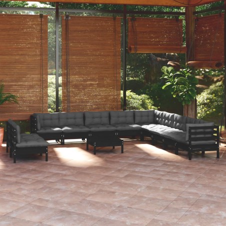 vidaXL Muebles de jardín 12 pzas con cojines negro madera maciza pino
